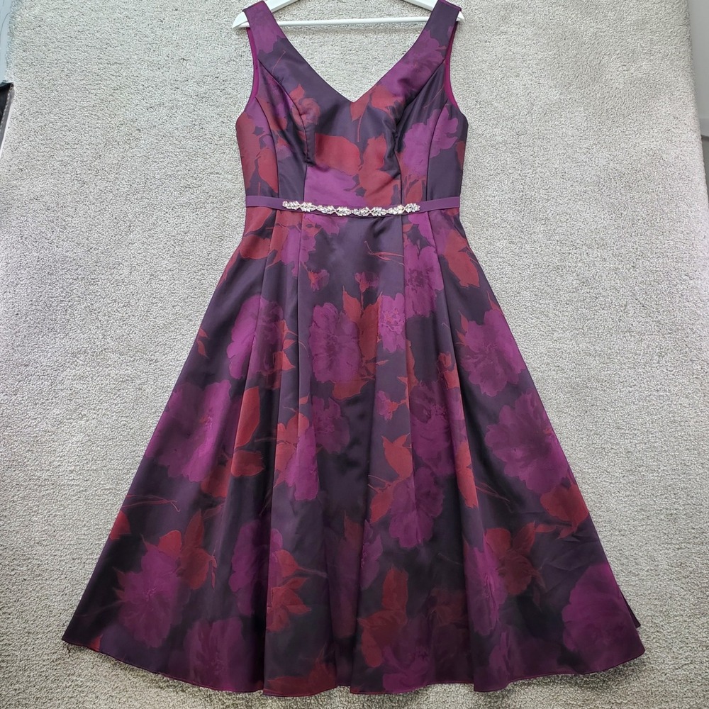 Oleg Cassini Fit Flare Maxi Dress Womens 10 Purple Floral Rhinestone Belt V Neck